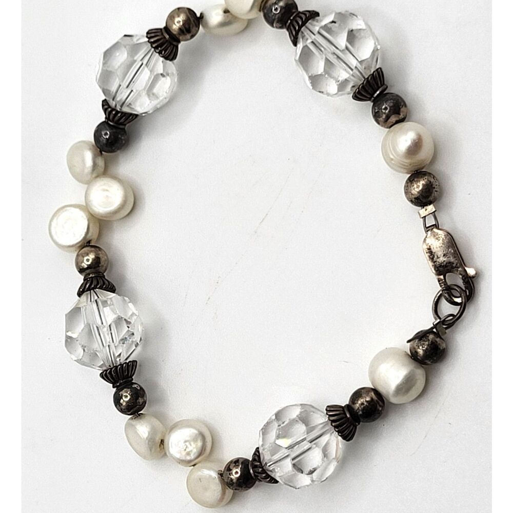 Sterling Silver Crystal Pearl Bracelet 7.5in